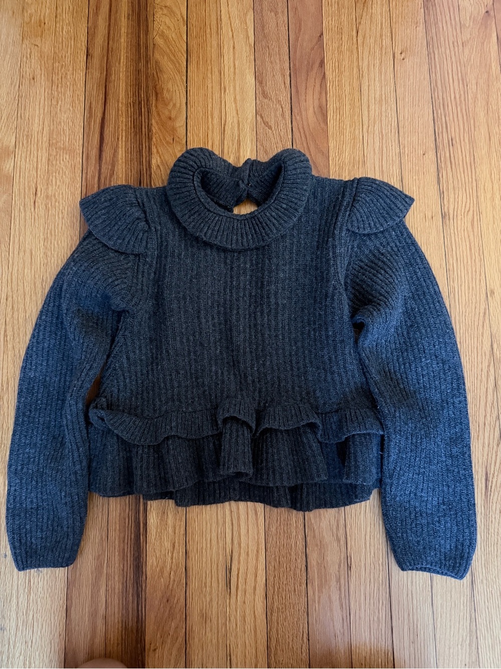 Ganni Charcoal Ruffle Hem Ribbed Wool Sweater - Women Medium